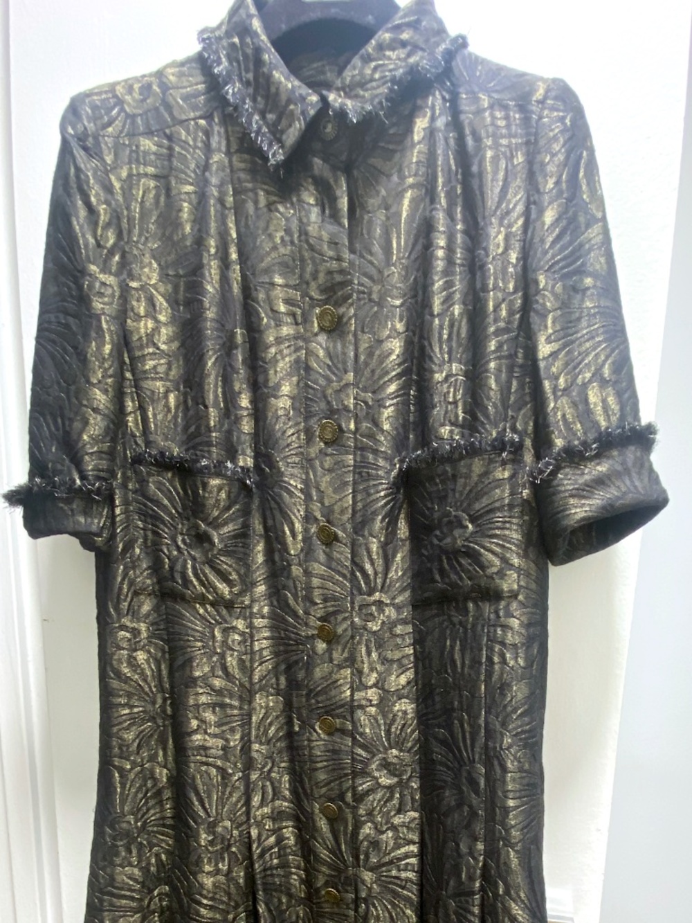 Highly Coveted CHANEL Black/Gold Lamé Floral Camellia Brocade A-Line Coat Dress